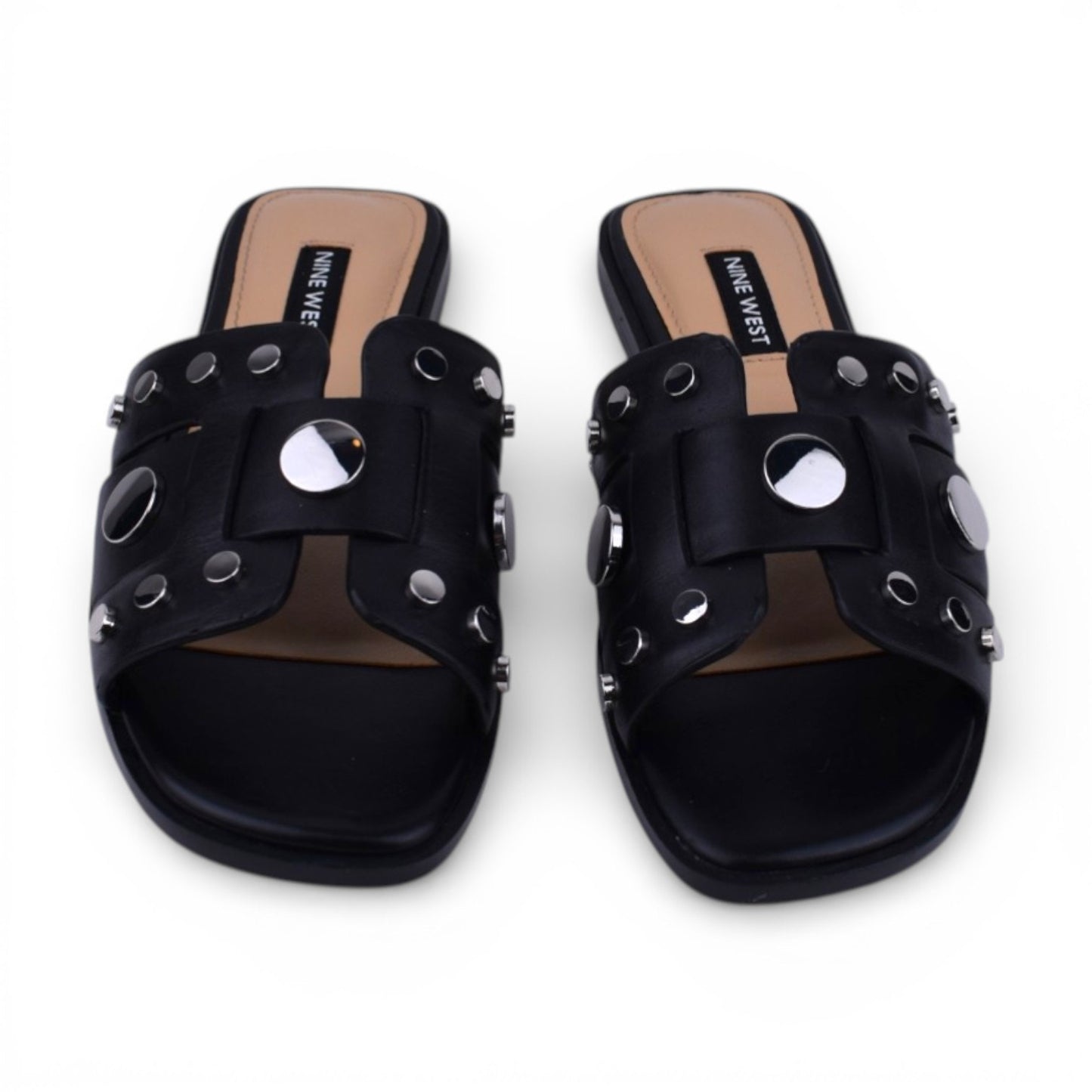 Nine West Gema Black Leather Studded Slide Sandals | Size 5