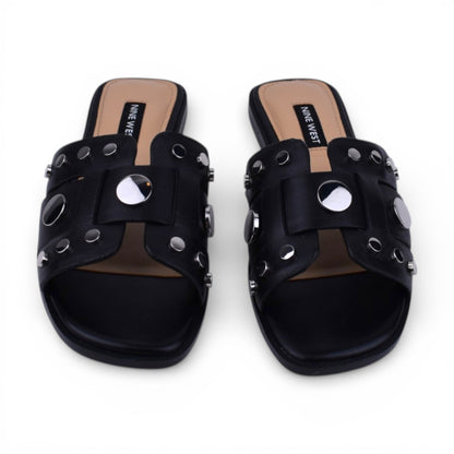 Nine West Gema Black Leather Studded Slide Sandals | Size 5