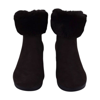 DKNY Abri Women's Wedge Ankle Boot – Dark Brown Faux Suede & Faux Fur – Size 7.5