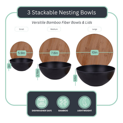 Bamboo Serving Bowl Set with Cutting Board Lids – (3 Bowls + Utensils)