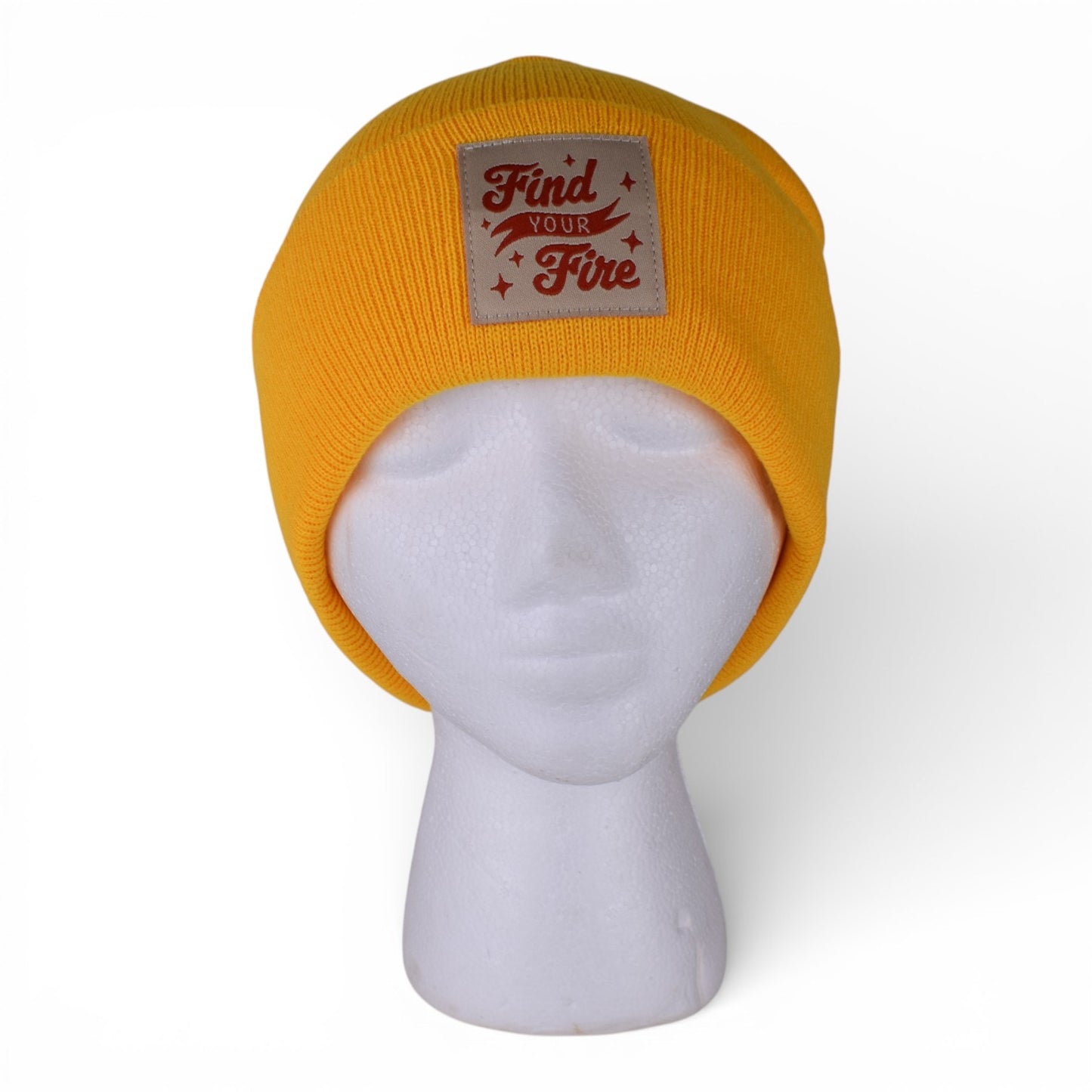 Find Your Fire” Yellow Beanie Hat – Knit Cuffed Winter Cap