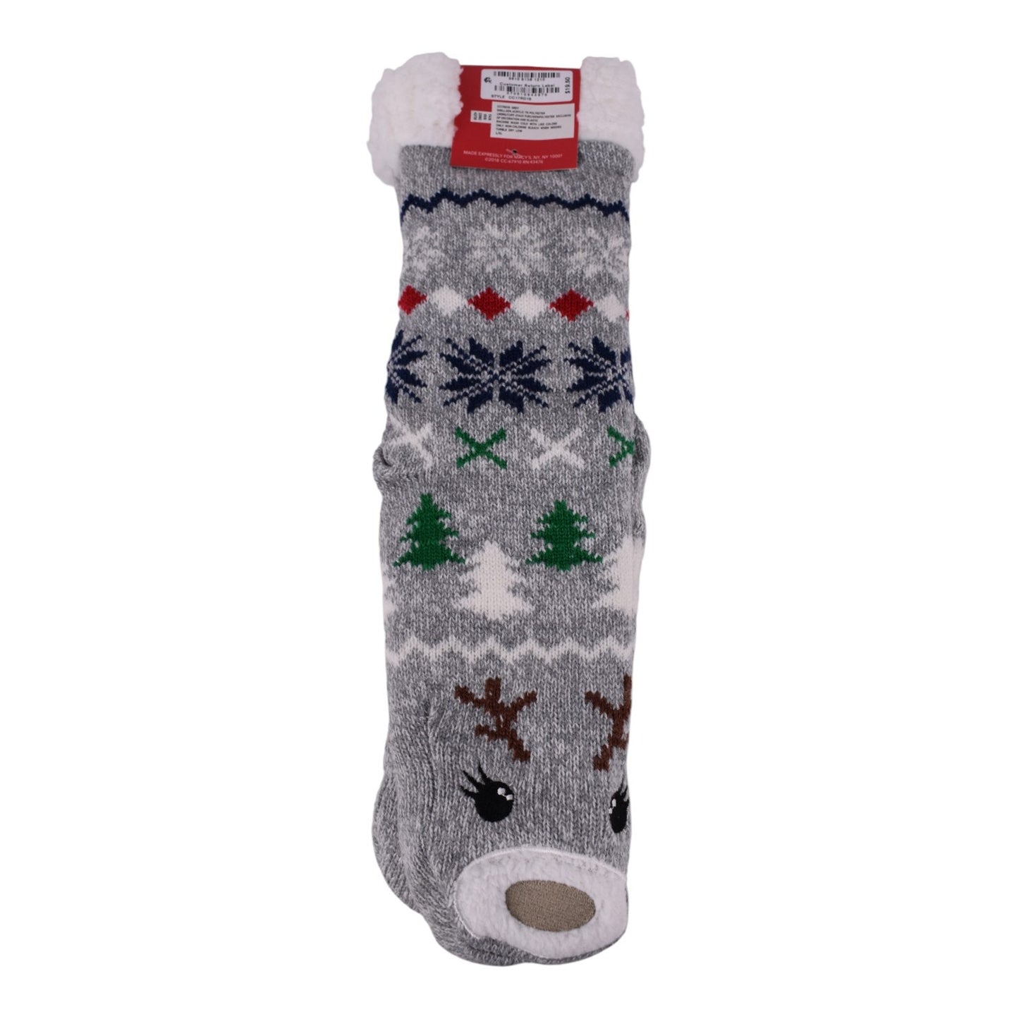 Charter Club Reindeer Face Sherpa-Lined Slipper Socks – Gray (L/XL)