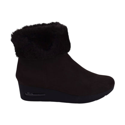 DKNY Abri Women's Wedge Ankle Boot – Dark Brown Faux Suede & Faux Fur – Size 7.5