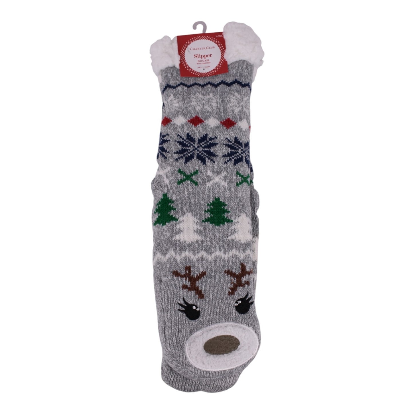 Charter Club Reindeer Face Sherpa-Lined Slipper Socks – Gray (L/XL)