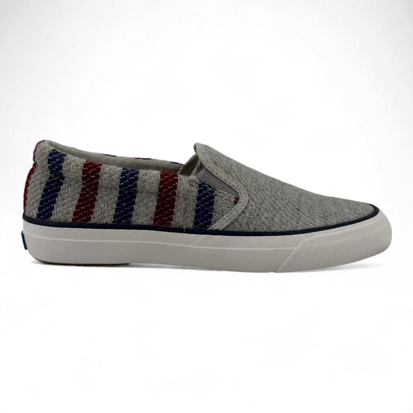 Keds x Swans Island Anchor Slip-On Sneakers – Gray with Red & Blue Stripes