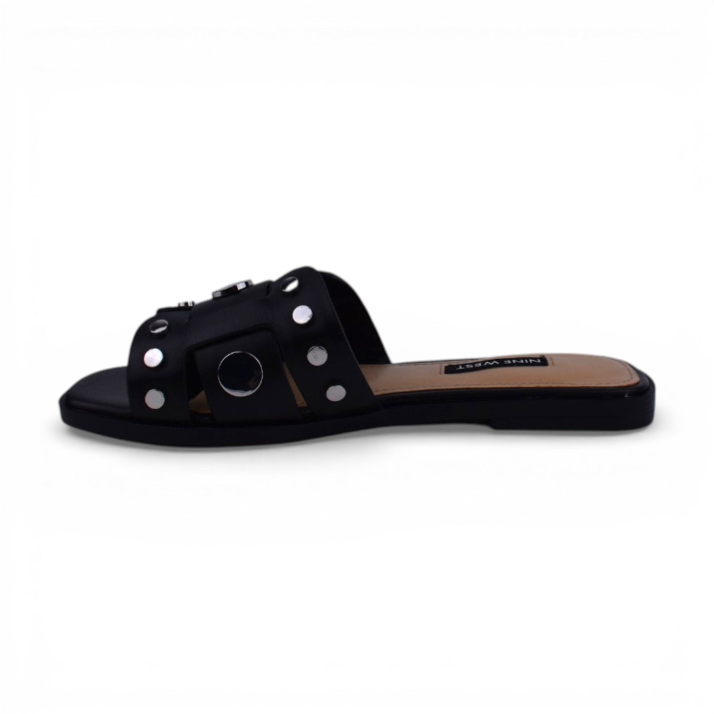 Nine West Gema Black Leather Studded Slide Sandals | Size 5