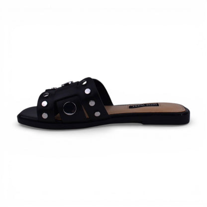 Nine West Gema Black Leather Studded Slide Sandals | Size 5