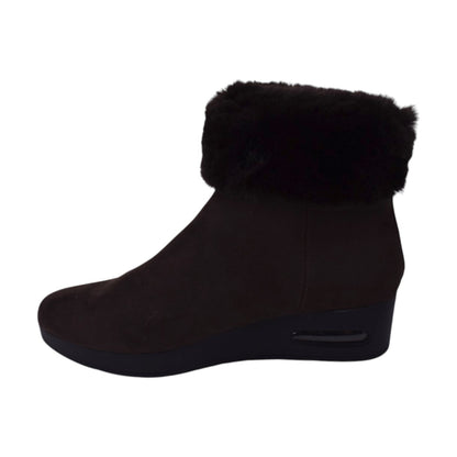 DKNY Abri Women's Wedge Ankle Boot – Dark Brown Faux Suede & Faux Fur – Size 7.5