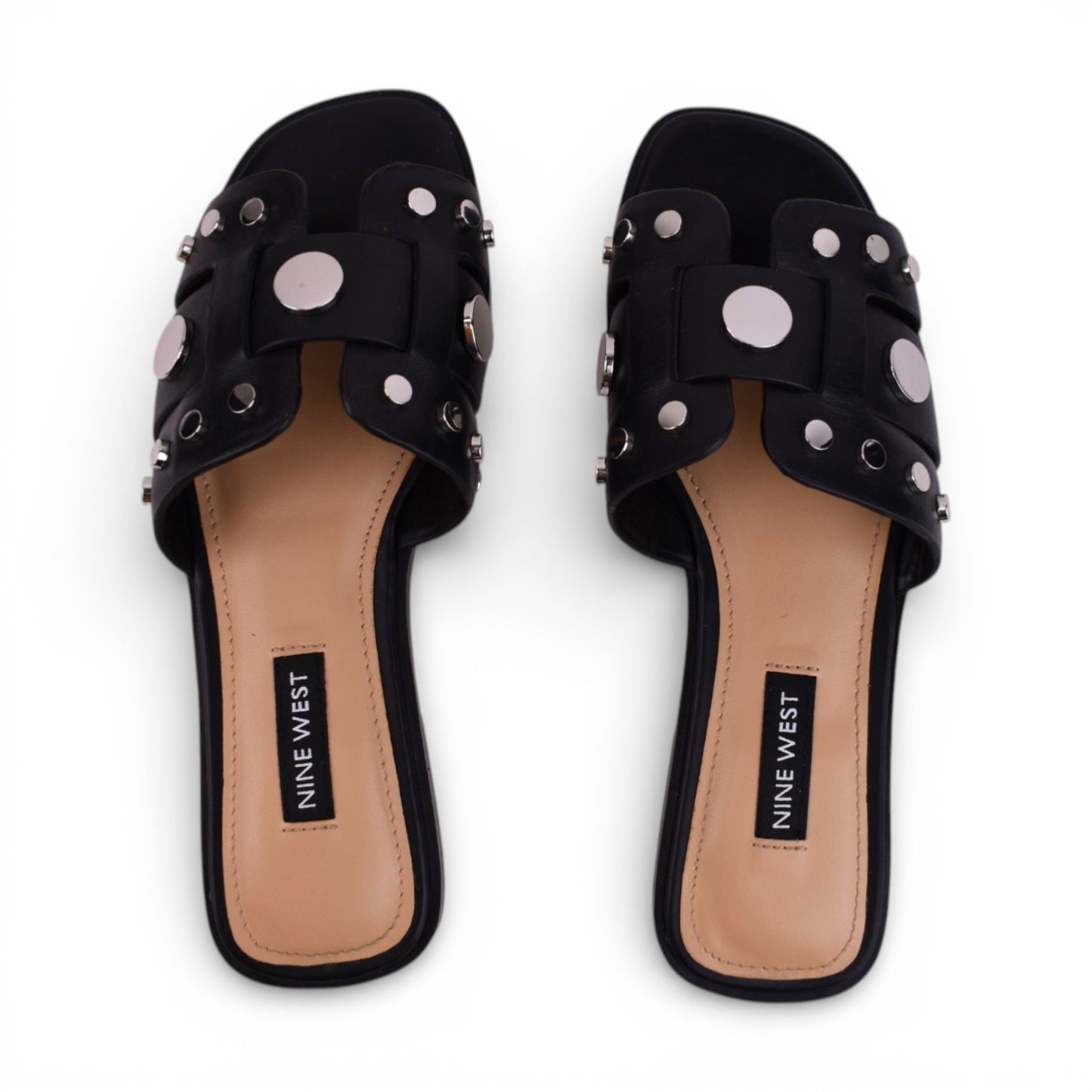 Nine West Gema Black Leather Studded Slide Sandals | Size 5