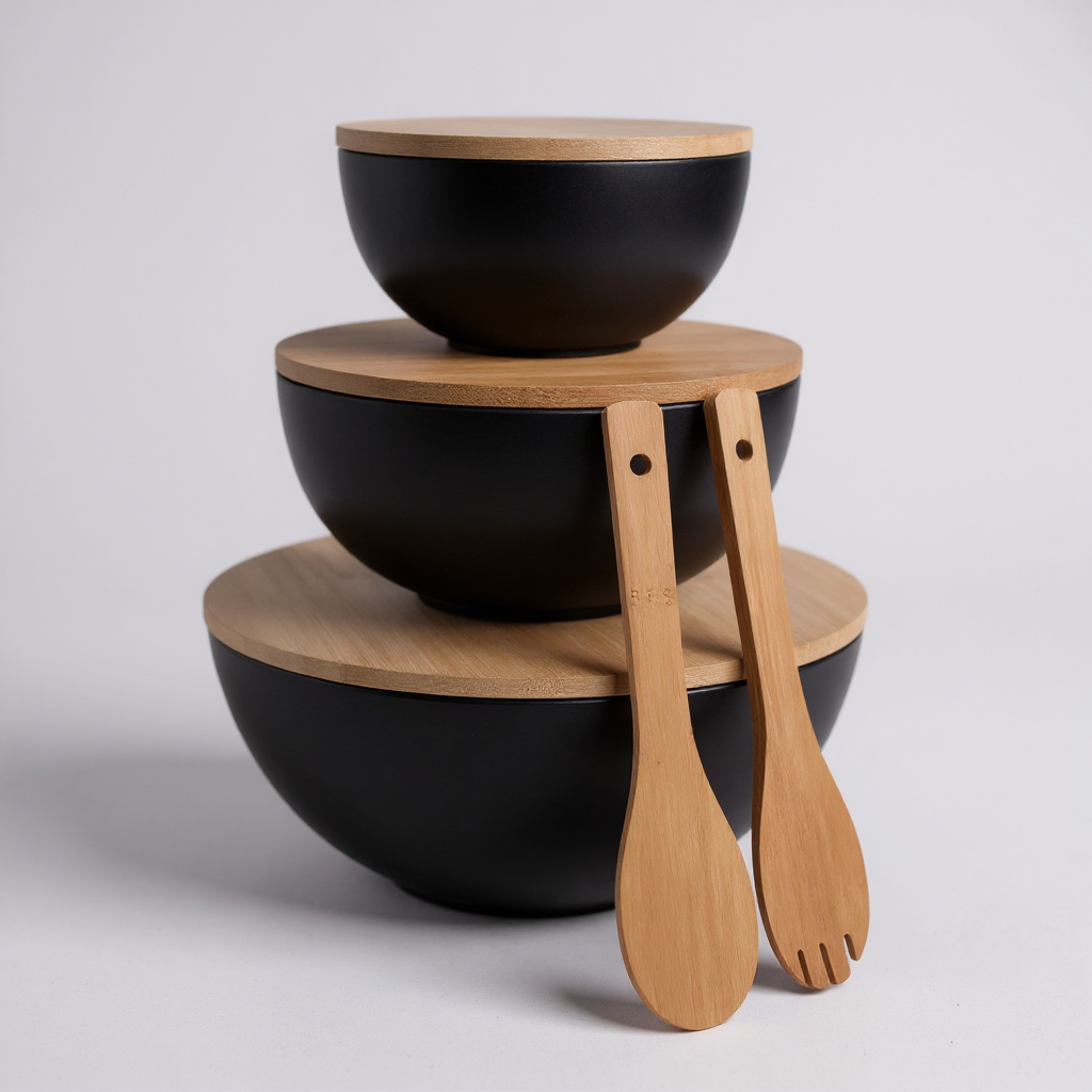 Bamboo Serving Bowl Set with Cutting Board Lids – (3 Bowls + Utensils)