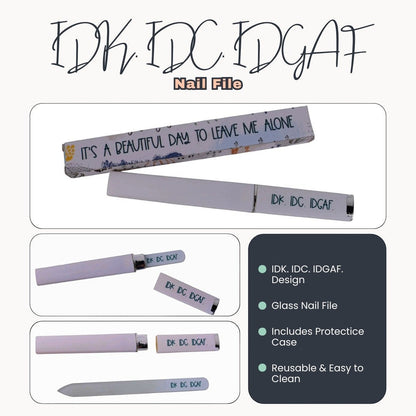 The Storied Shelf glass nail file with IDK IDC IDGAF text, featuring a matching protective sleeve and travel case.