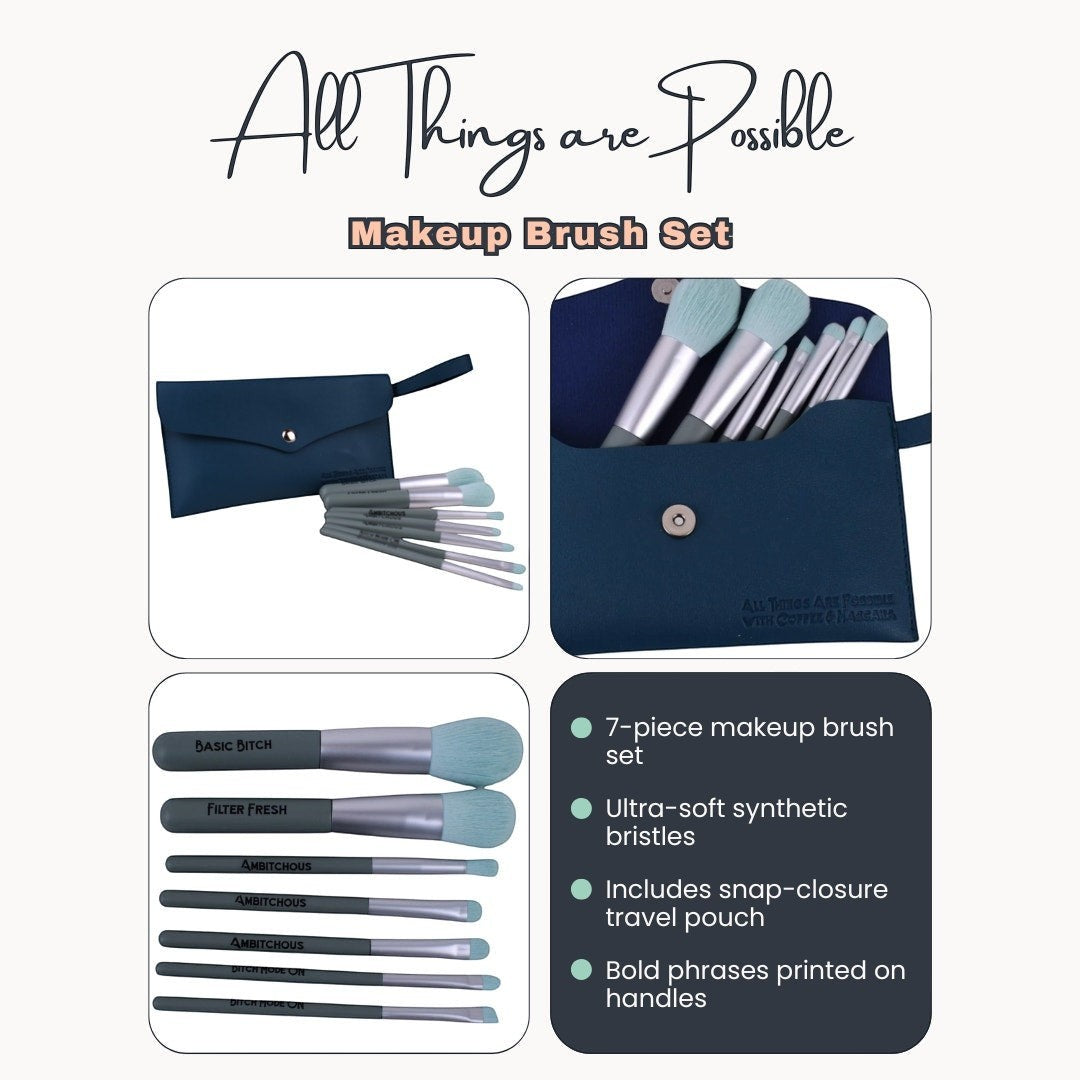 The Storied Shelf 7-piece makeup brush set with mint green synthetic bristles and grey handles in a navy travel pouch.