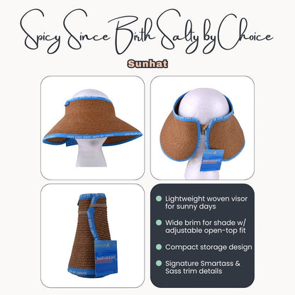 The Storied Shelf brown woven sun visor with blue trim featuring Spicy Since Birth Salty by Choice text on a mannequin